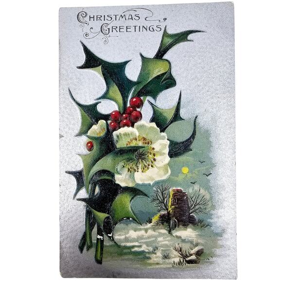 1909 Antique Vintage Christmas Greetings Holly Embossed Post Card Posted - Picture 1 of 4